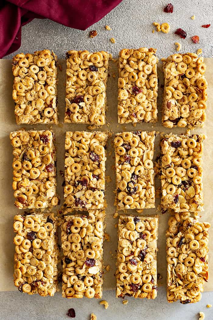 Overhead view of granola bars cut up.