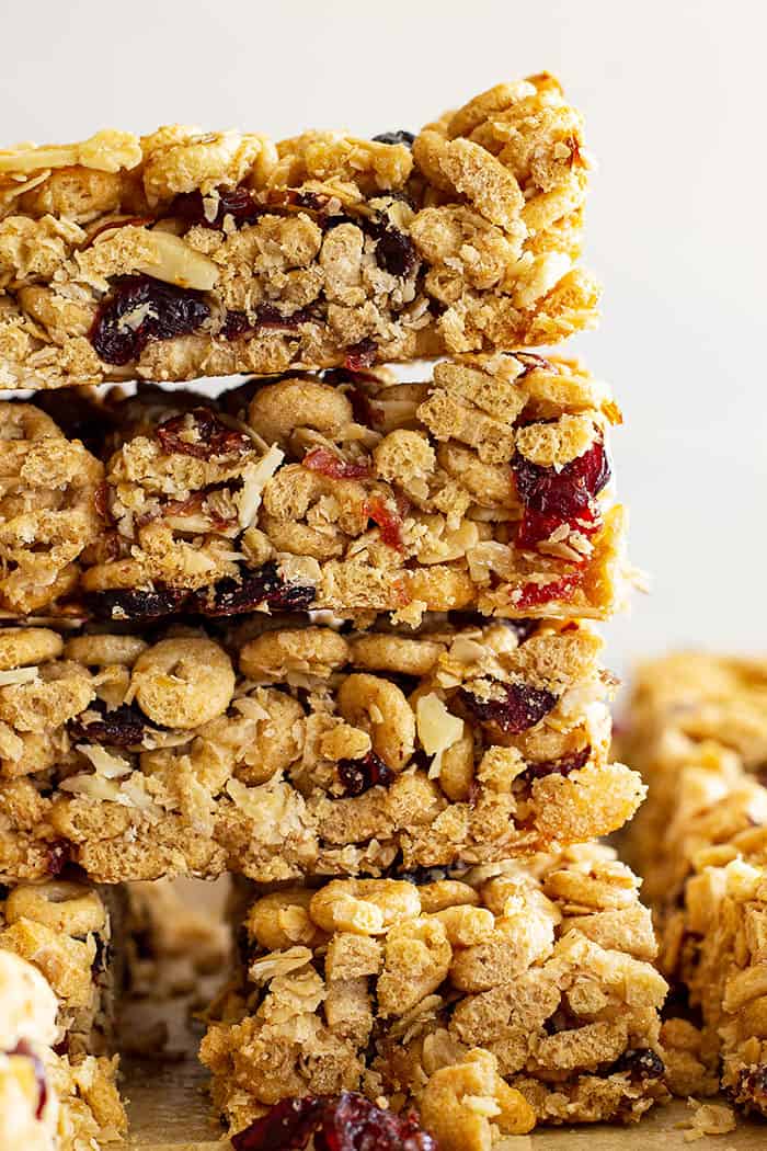 A close up of a stack of granola bars. 