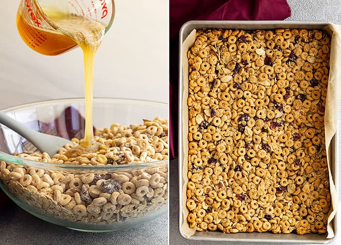 Two pictures showing how to make cheerio granola bars.