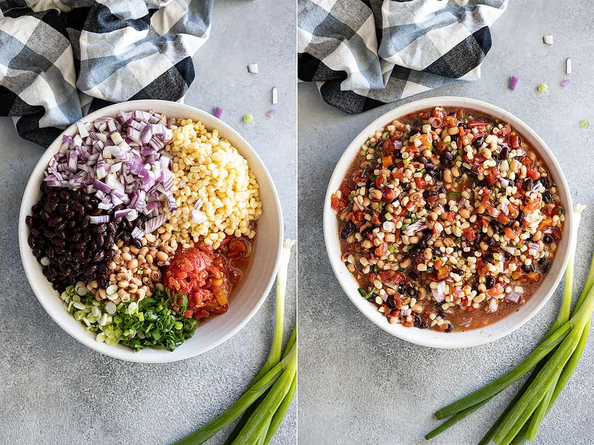Two pictures showing how to mix up the cowboy caviar.