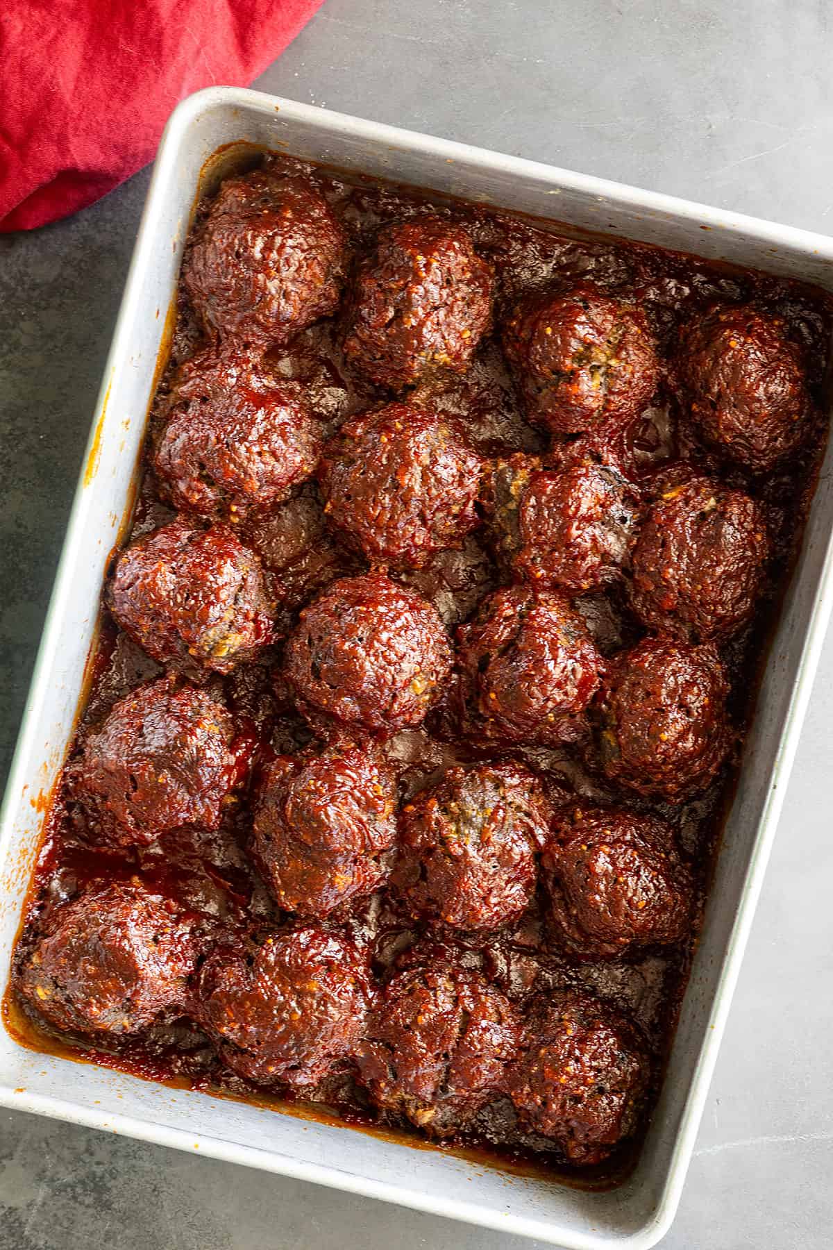 Overhead of meatballs fresh from the oven. 