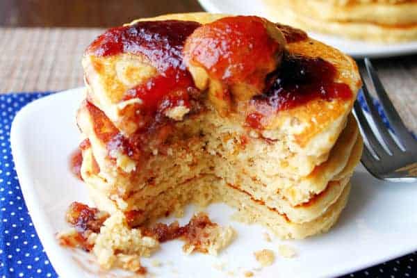 peanut butter pancakes drizzle with jelly syrup