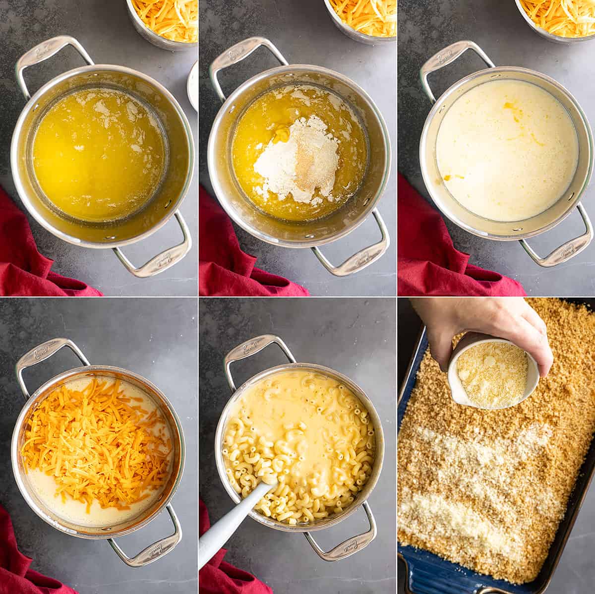 Six pictures showing how to make the pasta dish.