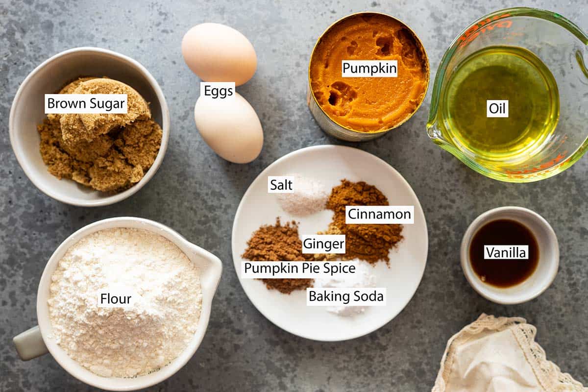 Ingredients: pumpkin puree, oil, eggs, brown sugar, flour, cinnamon, ginger, pumpkin pie spice, salt, baking soda, and vanilla.
