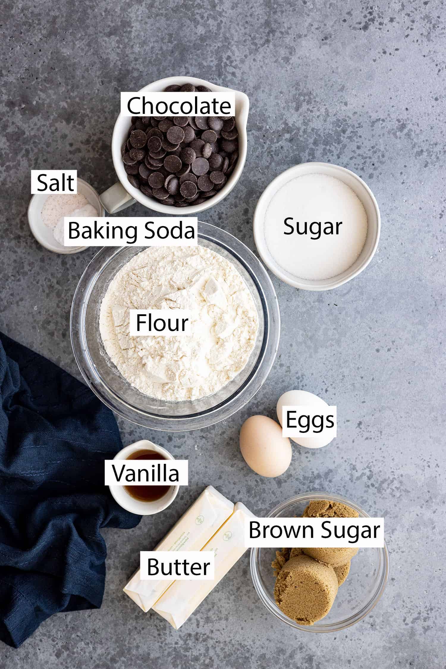 Ingredients: flour, sugar, brown sugar, salt, baking soda, eggs, vanilla, butter, and chocolate. 