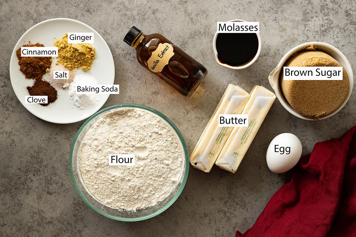 Ingredients: flour, cinnamon, clove, ginger, baking soda, salt, vanilla, molasses, butter, egg, brown sugar. 