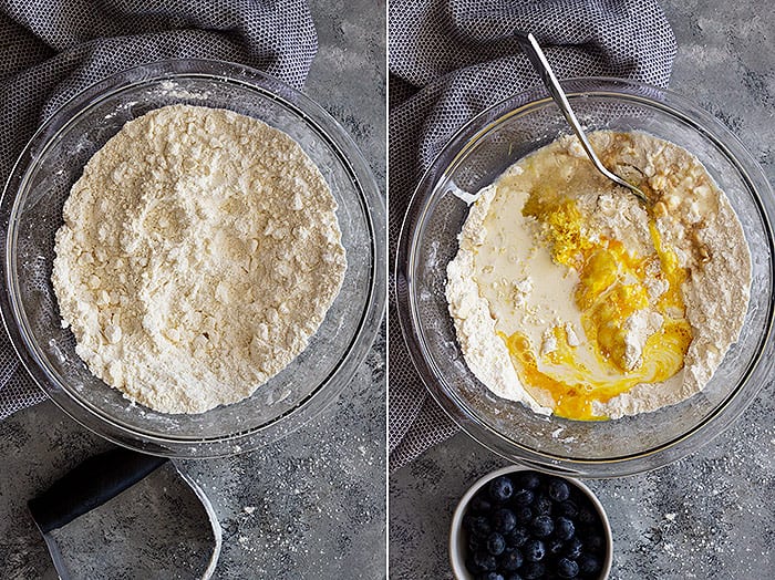 Two pictures showing the butter cut into the flour and then adding the dry ingredients. 