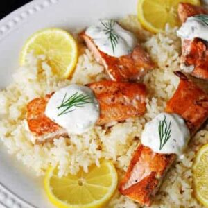 Salmon and Lemon Rice with Dill Sauce