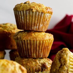 Muffins stacked on top of one another.