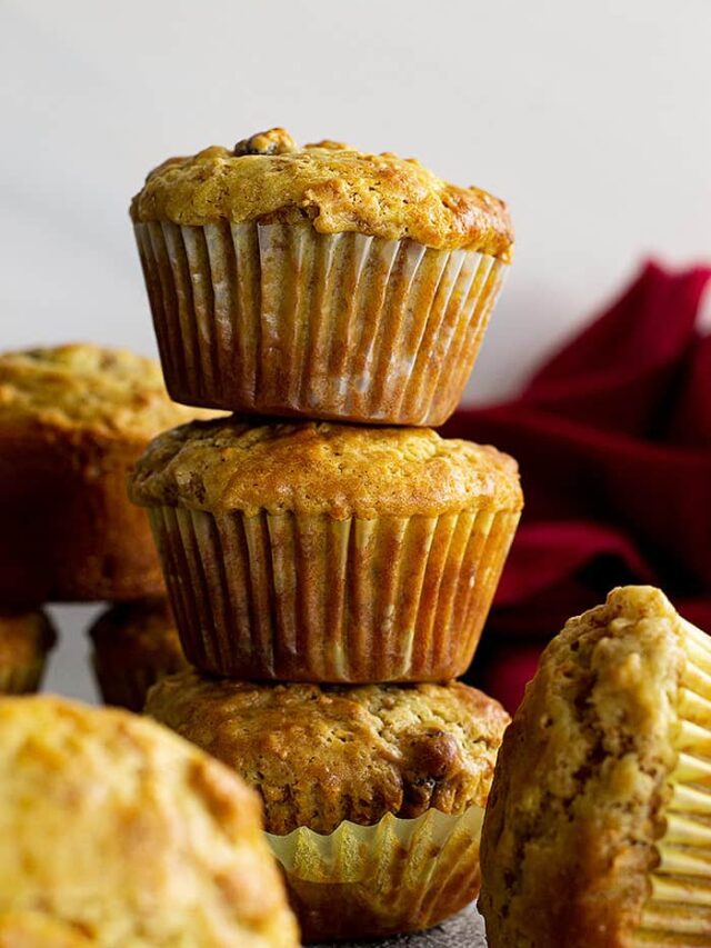 Muffins stacked on top of one another.