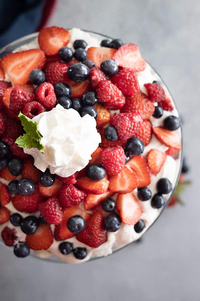 Overhead view of trifle showing the pretty berries on top. Garnished with whipped cream and fresh mint. 