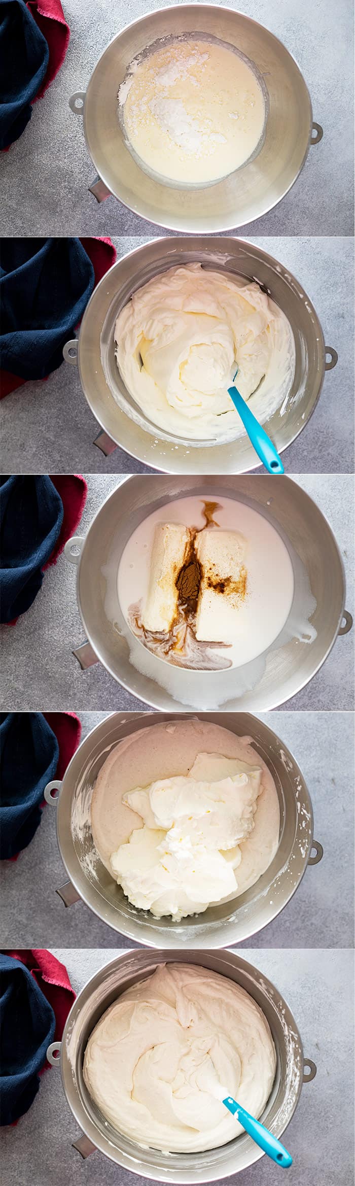 Pictures showing how to make the coconut cheesecake filling. 