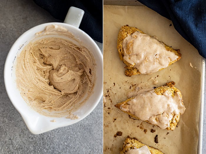 Two pictures one showing the frosting in a bowl and the other showing scones frosted.