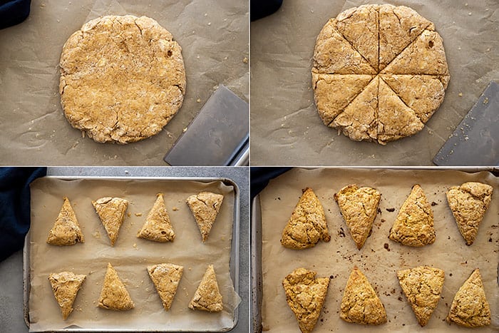 Four pictures showing how to shape and cut the pumpkin scones.