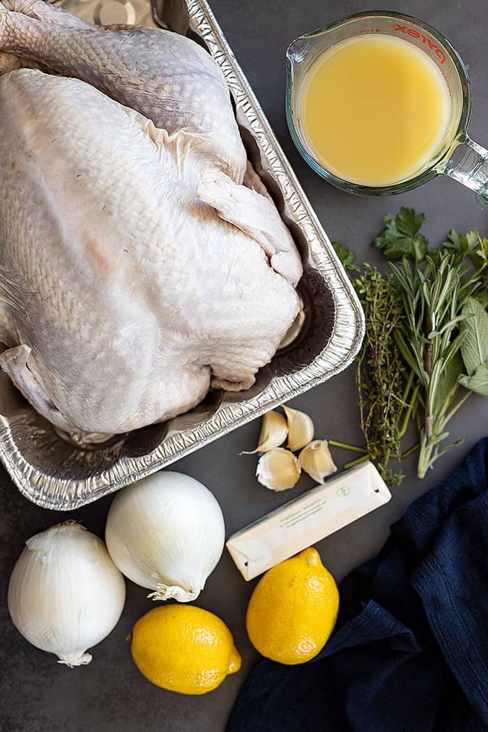 Overhead view of ingredients needed to make the turkey.