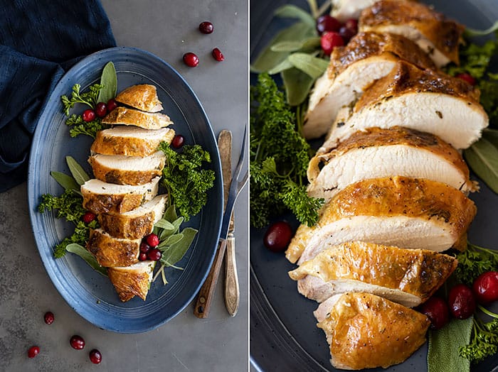 Two pictures showing the breast cut into slices and garnished with fresh herbs and cranberries.