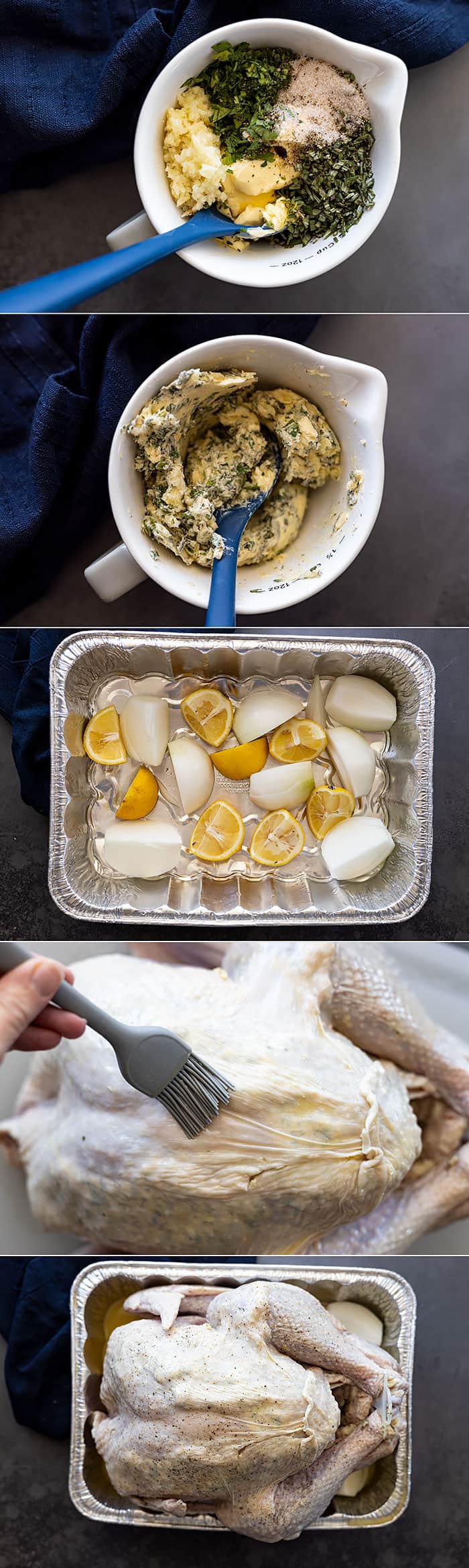 Five pictures showing the steps to preparing the turkey to go into the oven.