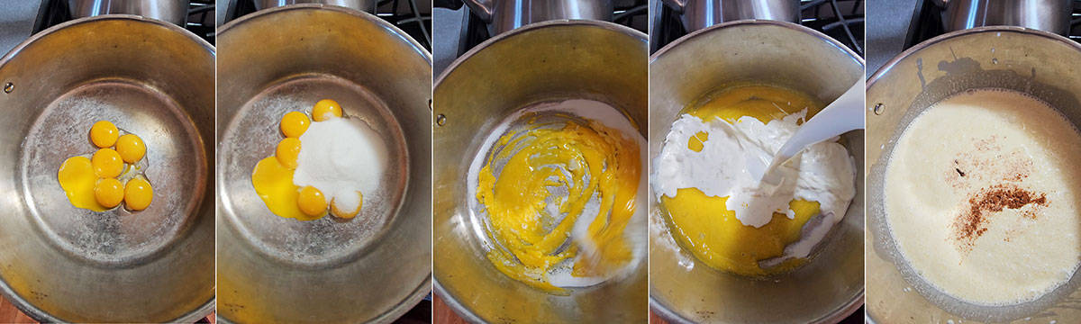 Five pictures showing how to make eggnog.