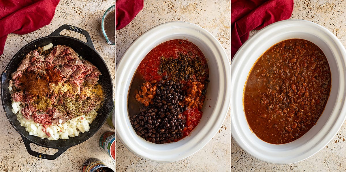 Three pictures showing how to make slow cooker chili.