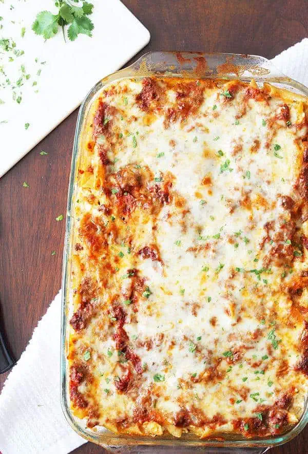 cheesy pasta bake in casserole dish