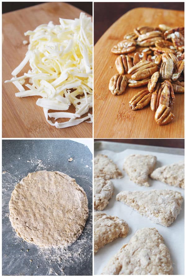 four photos: top left is grated frozen butter, top right is pecans, bottom left is the dough rounded and flattened, and the bottom right is the dough cut into wedges to form scones