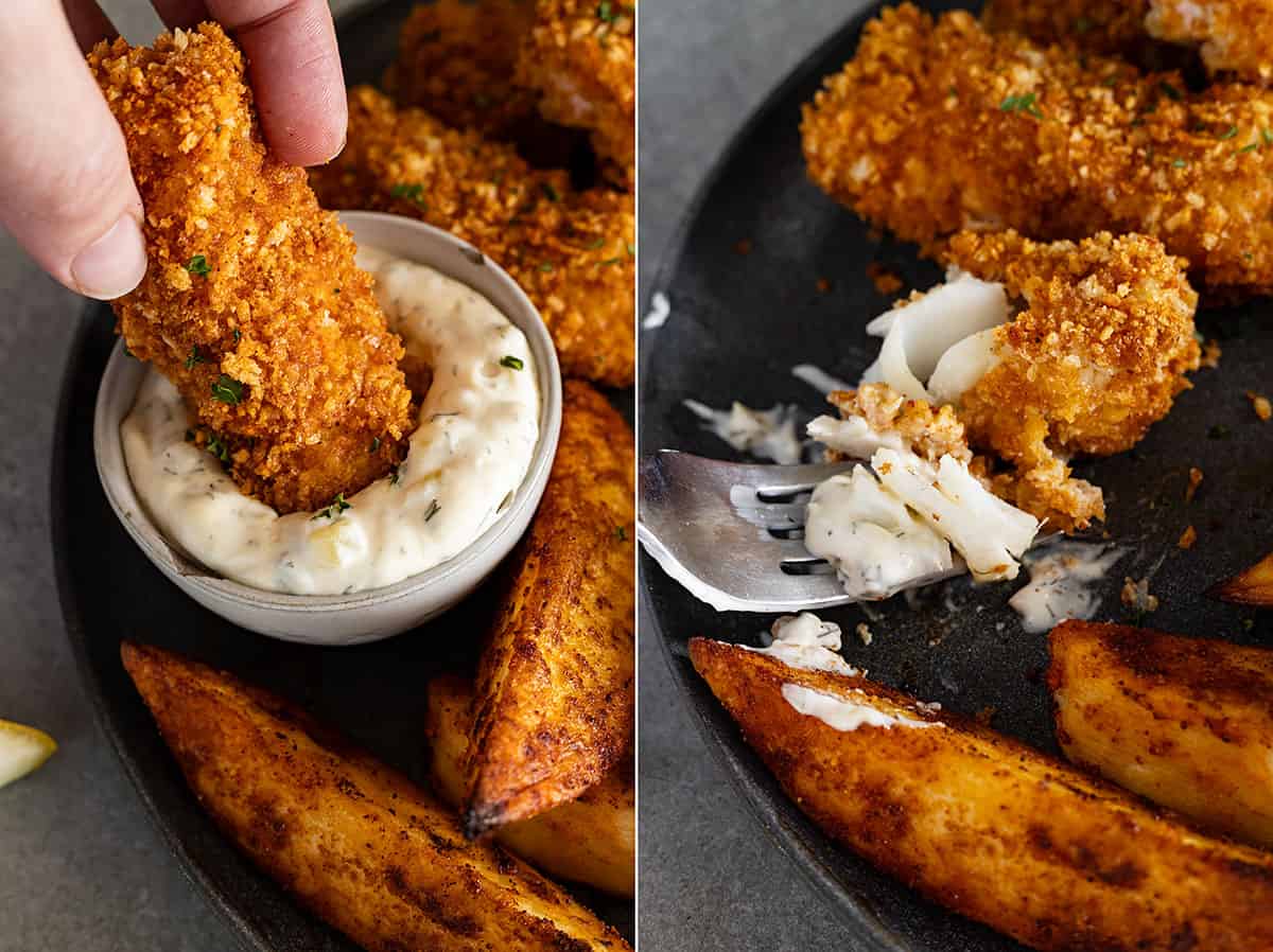 Two pictures: one showing fish being dipped into tartar sauce and the second showing the flaky interior of the fish. 