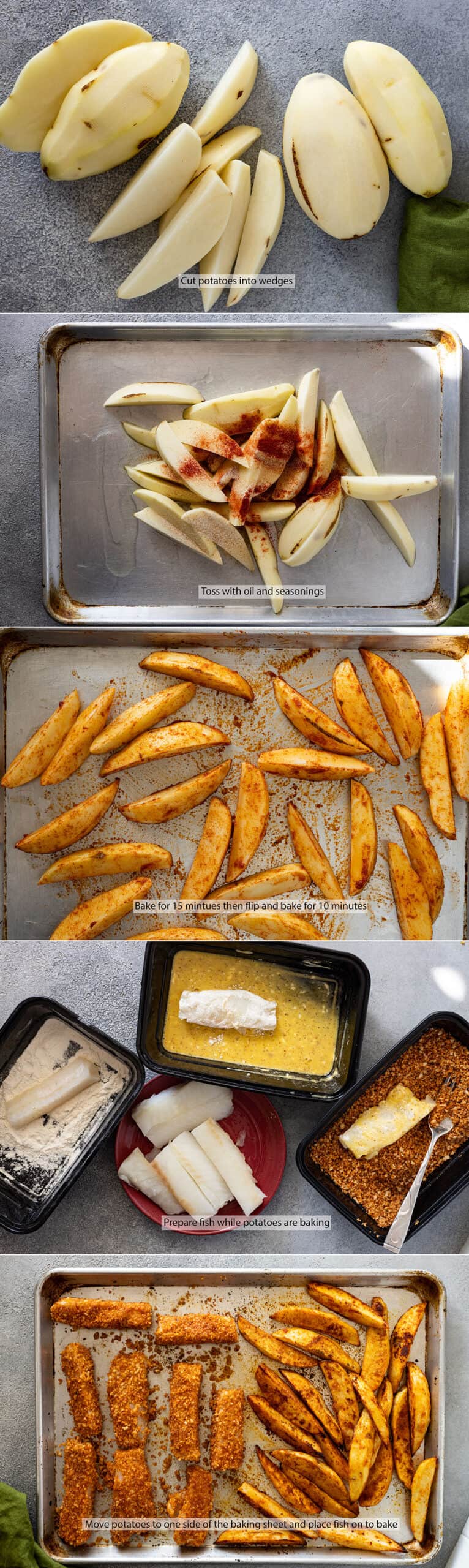 Five pictures showing how to make these baked fish and chips. 
