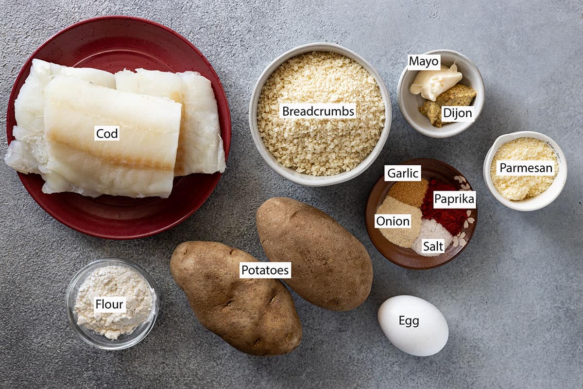 Ingredients: cod, breadcrumbs, mayo, dijon, parmesan, garlic powder, onion powder, paprika, salt, egg, potatoes, and flour.