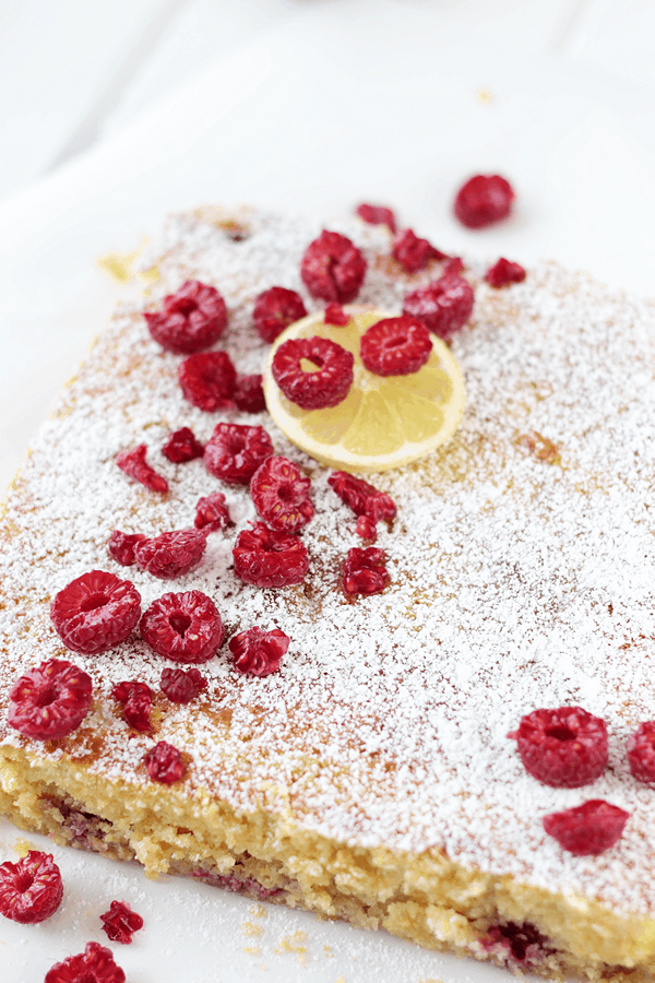 coffee cake flavored with fresh lemon and raspberries, and dusted with powdered sugar