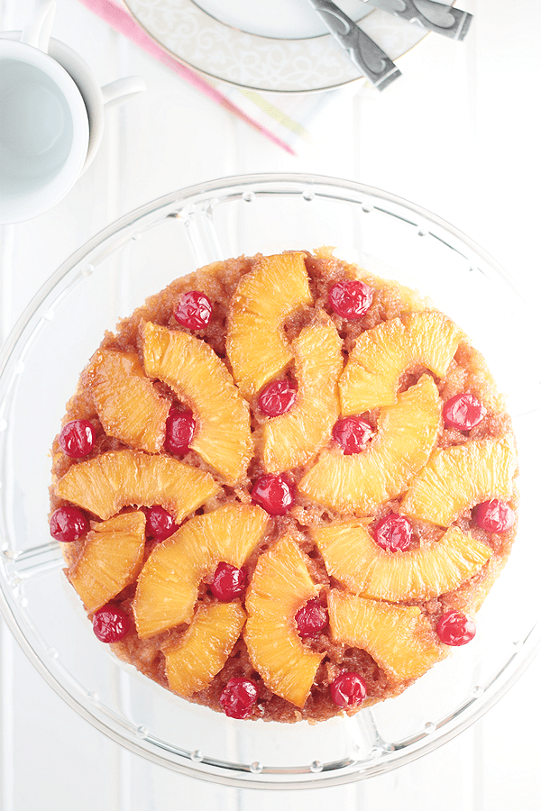 This Pineapple Upside Down Cake is full of caramelized pineapple slices on top of a homemade cake.