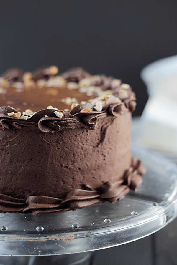 A dark chocolate cake with rich chocolate frosting, pecans and caramel, what's not to love?