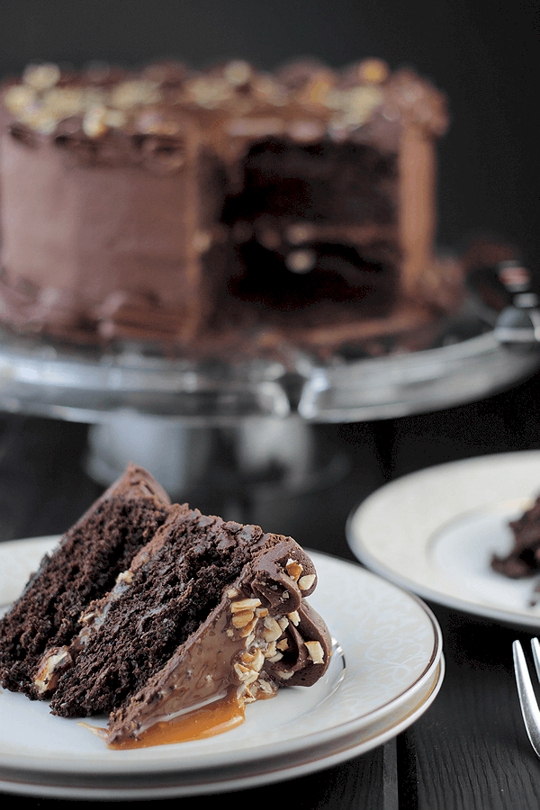 A dark chocolate cake with rich chocolate frosting, pecans and caramel, what's not to love?