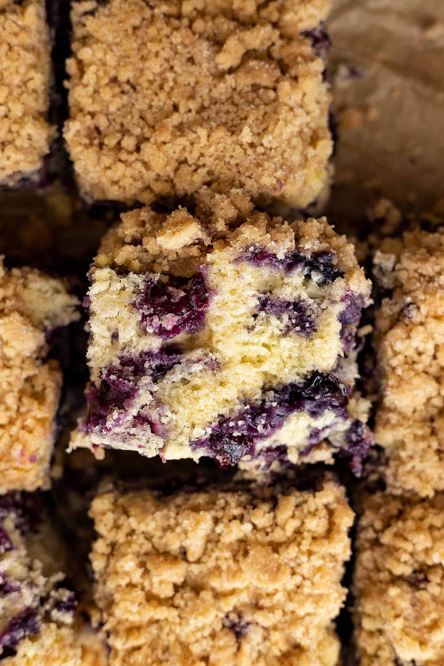 Overhead view of cake on its side showing all the blueberries!