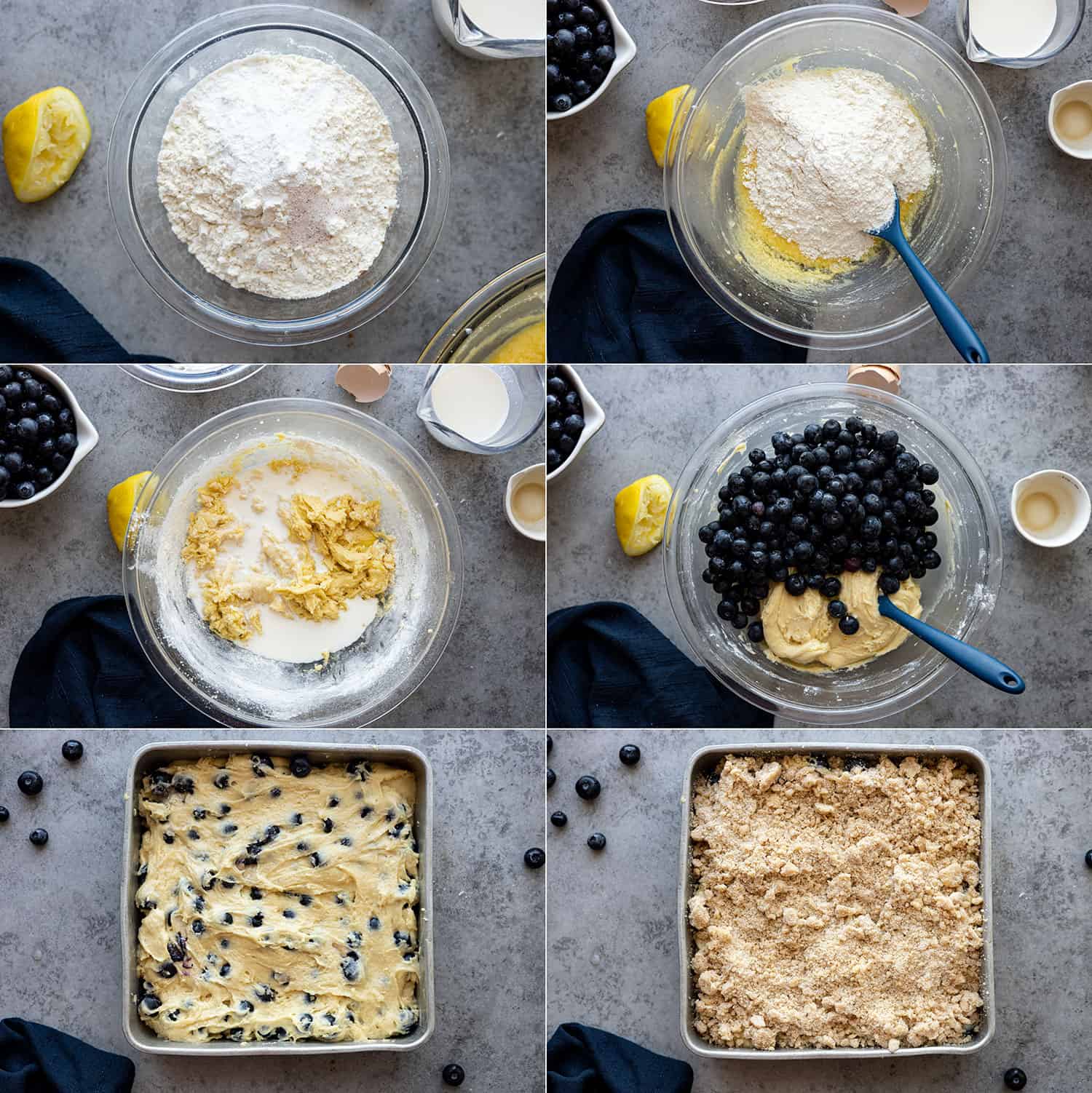 Six pictures showing how to make the blueberry buckle.