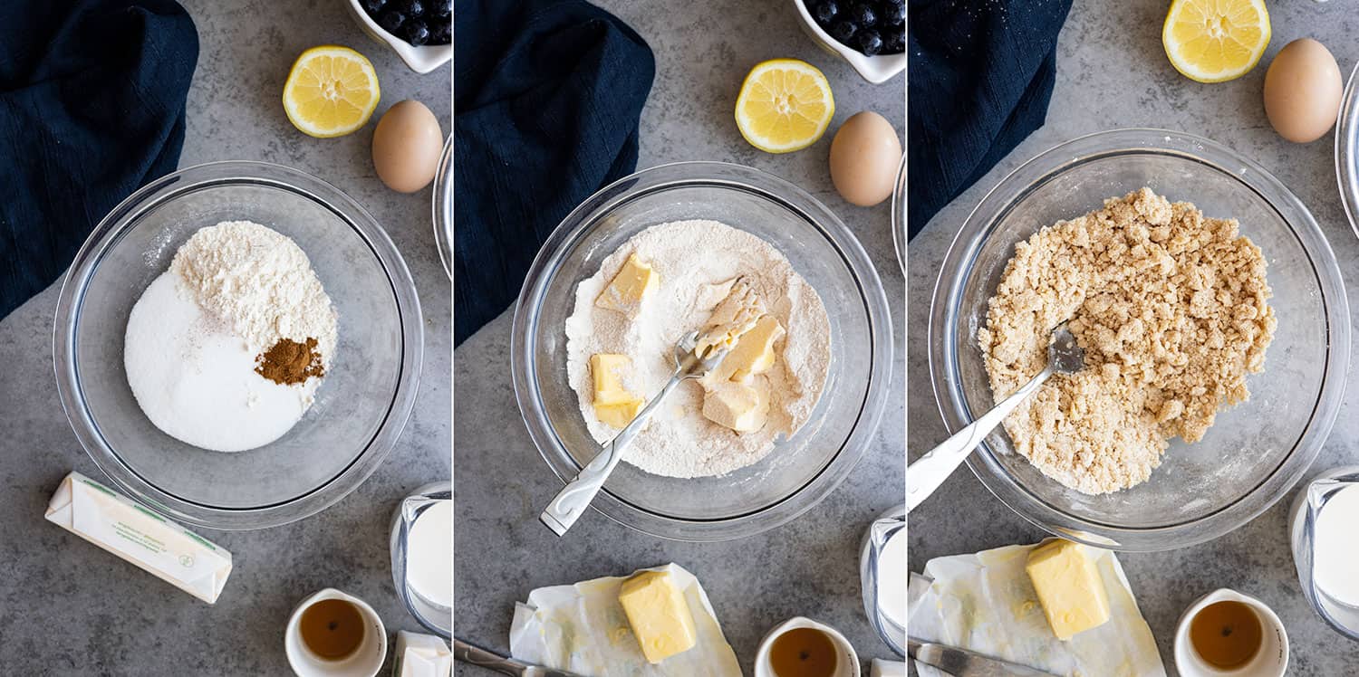 Three pictures showing how to make the topping.