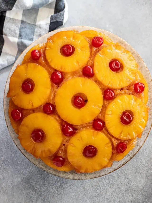 Overhead view of pineapple upside down cake.