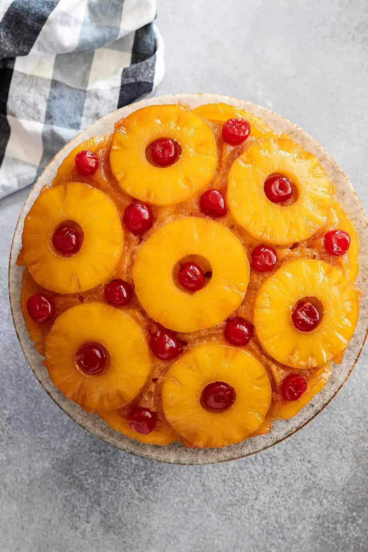 Overhead view of pineapple upside down cake.