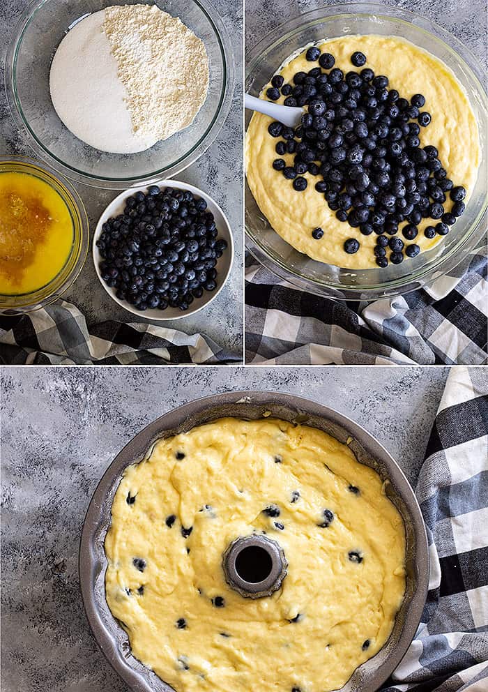 Picture of steps in mixing together the ingredients for the cake. 