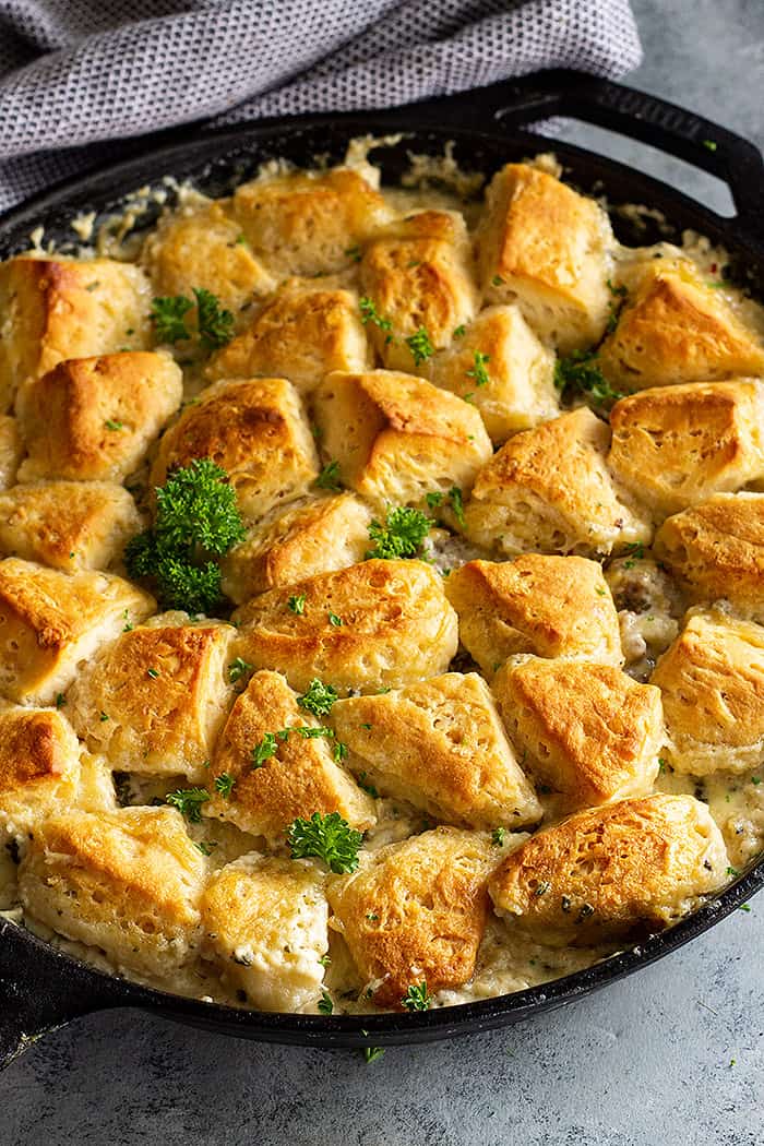 Biscuits and Gravy Casserole in a skillet.
