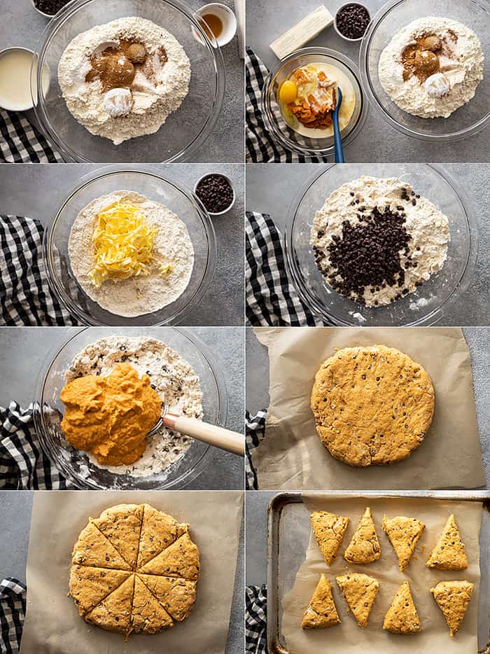 Eight pictures showing the steps to make pumpkin chocolate chip scones. 