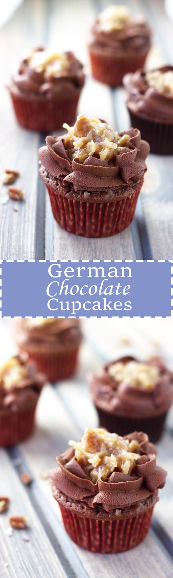 German Chocolate Cupcakes- A german chocolate cupcake topped with a caramel pecan and a sweet chocolate frosting! | Countryside Cravings