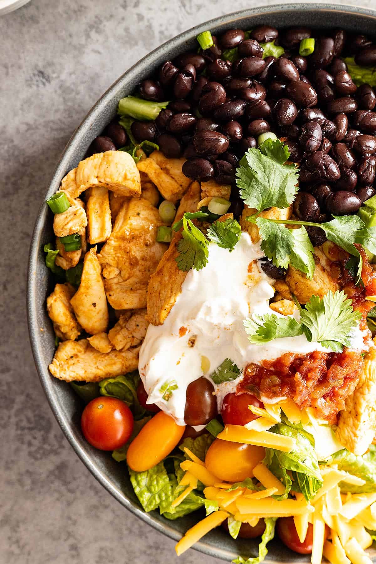 Overhead view of chicken taco bowl ingredients in a large bowl. Chicken, beans, sour cream, salsa, and cheese in view.