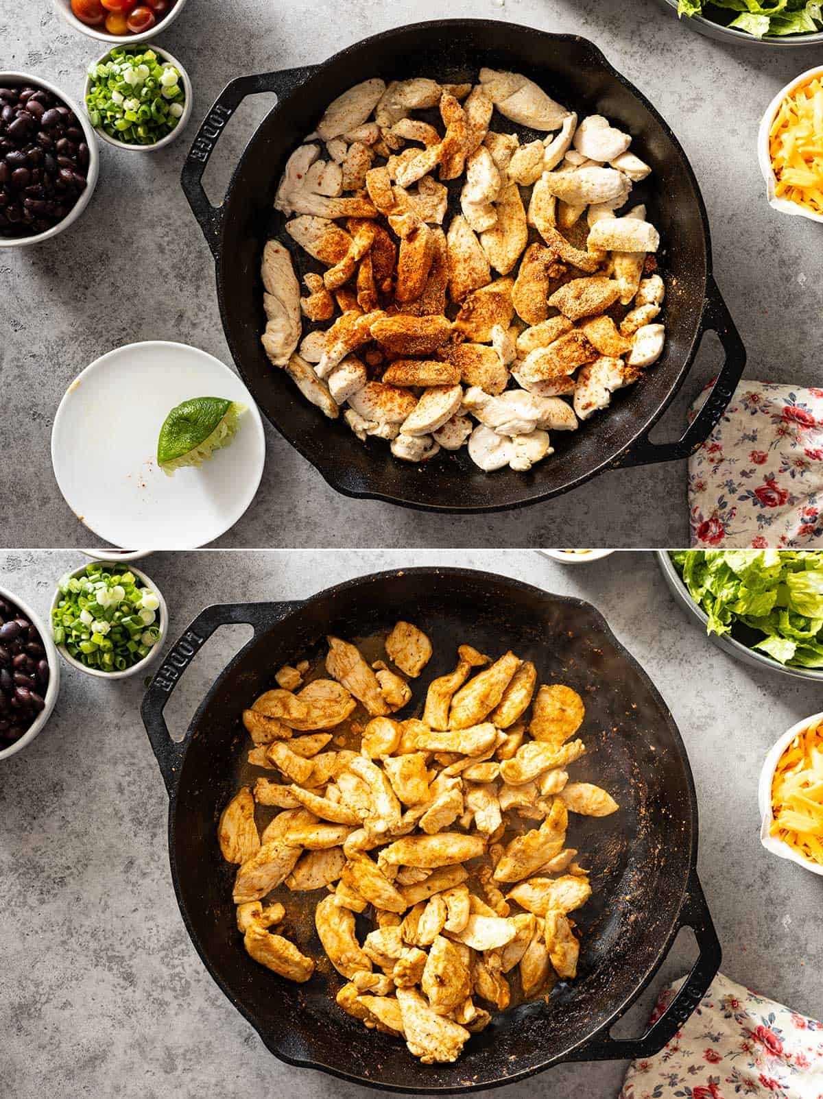 Two pictures showing how to cook the chicken. 