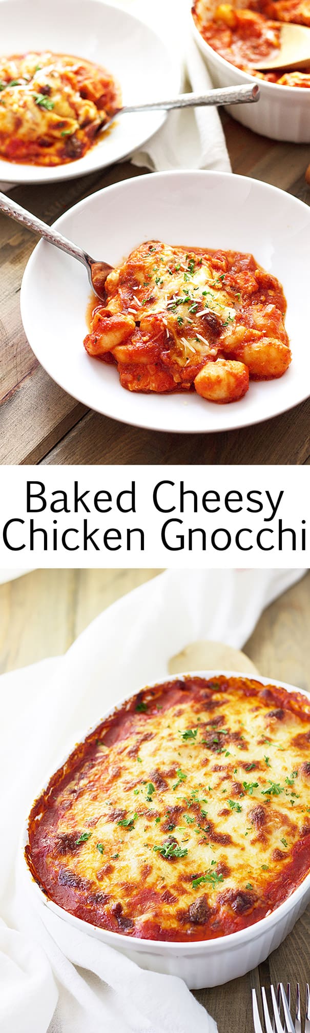 Baked Cheesy Chicken Gnocchi- this dish is the ultimate comfort food! Loaded with melted cheese, chicken and fluffy gnocchi. | countrysidecravings.com