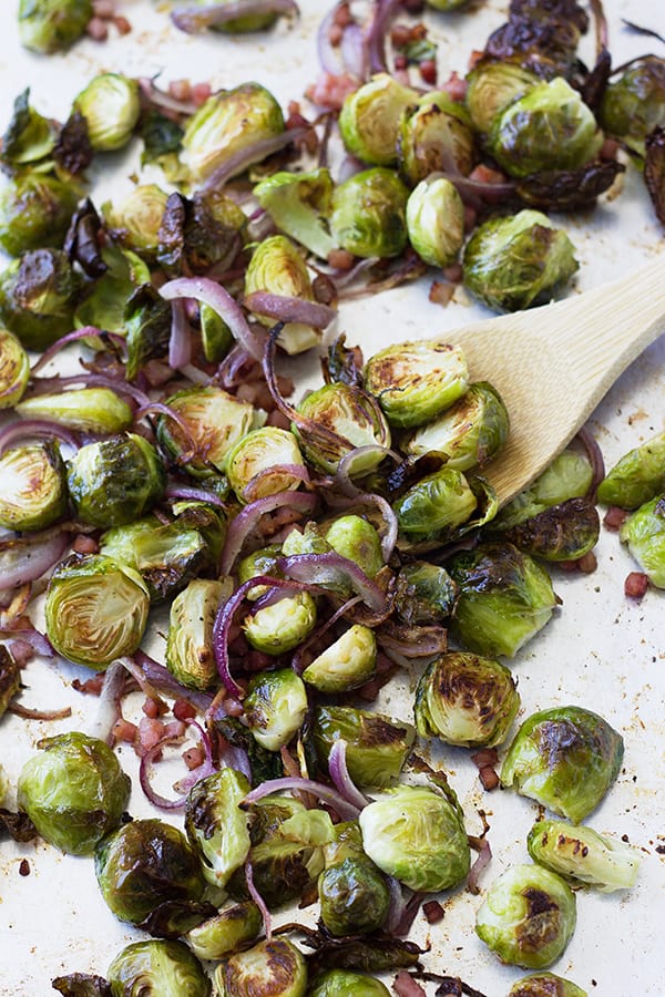 Roasted Brussel Sprouts with Ham and Onions- this is a quick and easy yet flavorful side dish! | countrysidecravings.com