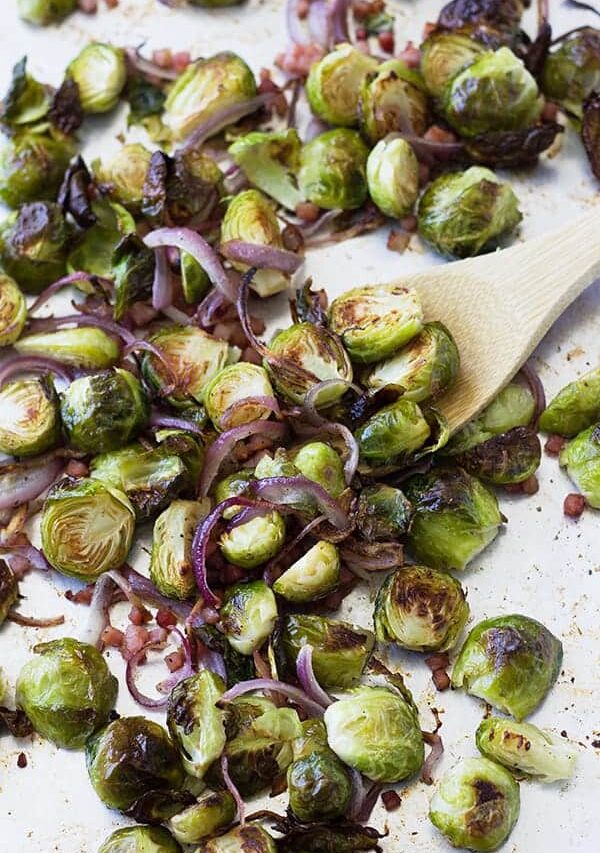 Roasted Brussel Sprouts with Ham and Onions- this is a quick and easy yet flavorful side dish! | countrysidecravings.com