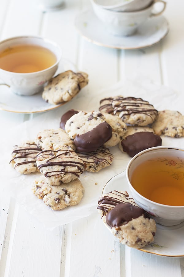 Chocolate Chip Pecan Shortbread Cookies- these buttery cookies are hard to resist! They are studded with mini chocolate chips and pecans and will delight both young and old. | countrysidecravings.com