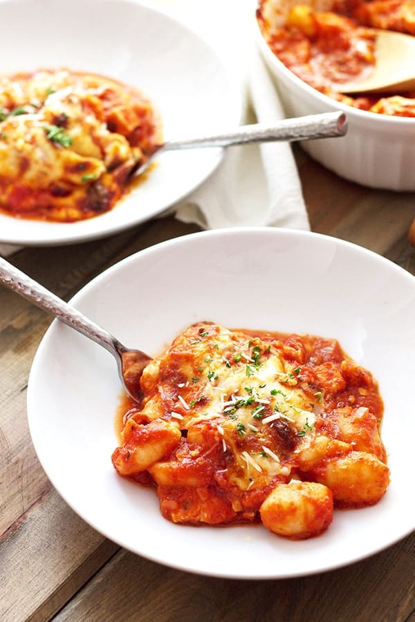 white dishes with baked gnocchi