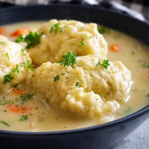 Close up of a bowl of creamy turkey and dumpling soup. Garnished with a little chopped parsley and black pepper.