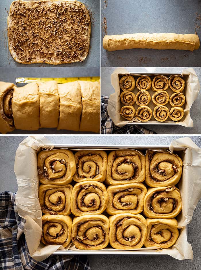 Five pictures showing how to roll and cut the dough and how the rolls look when they are proofed and ready to bake.
